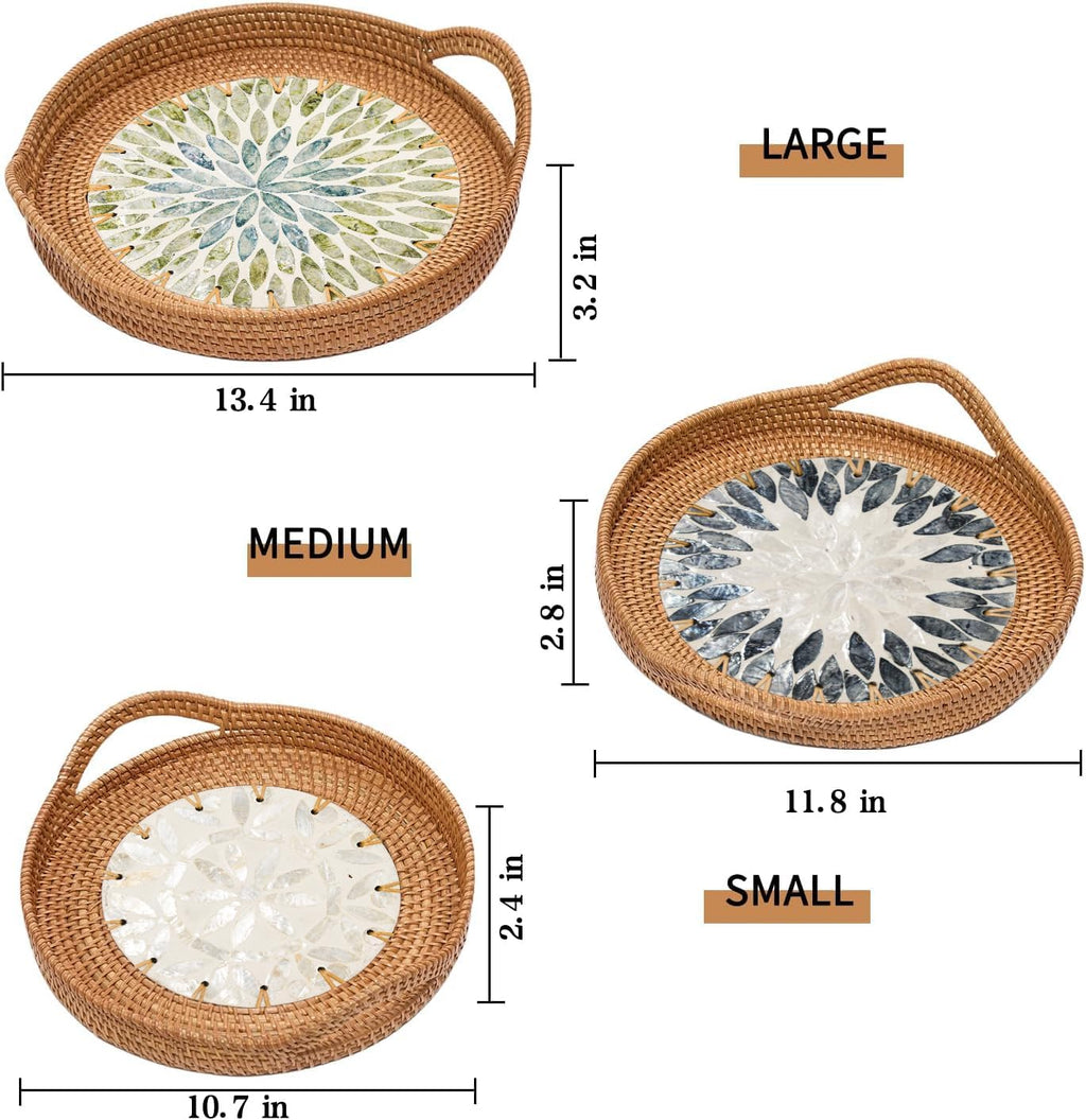 3 Pack Round Rattan Tray, Natural Handwoven Rattan Serving Tray with Mother Pearl Inlay Base, Decorative Boho Coffee Table Trays with Handles, Wicker Organizer for Snacks, Jewelry, Candles, Vanity