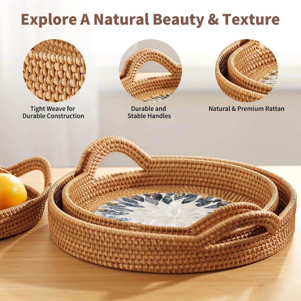 3 Pack Round Rattan Tray, Natural Handwoven Rattan Serving Tray with Mother Pearl Inlay Base, Decorative Boho Coffee Table Trays with Handles, Wicker Organizer for Snacks, Jewelry, Candles, Vanity