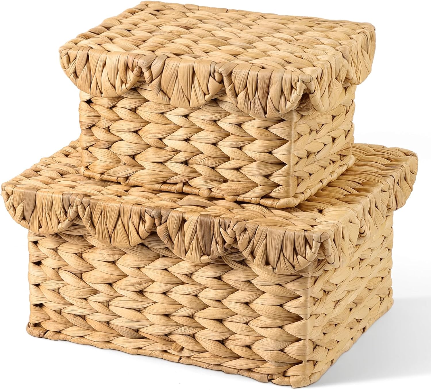 2 Pack Scalloped Wicker Storage Baskets with Lids, Rectangle Rattan Storage Basket, Handwoven Water Hyacinth Decorative Basket for Bedroom Living Room Organization