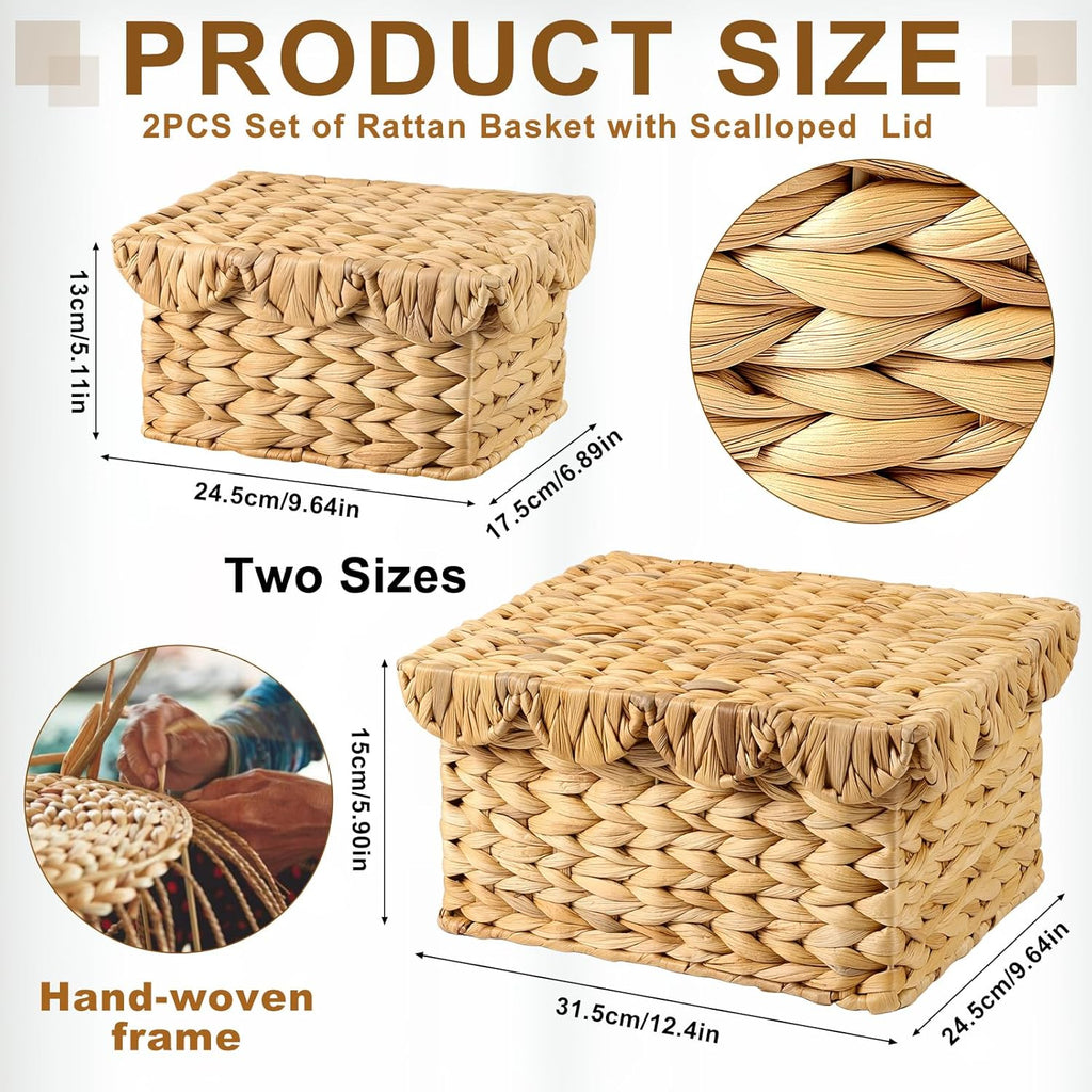 2 Pack Scalloped Wicker Storage Baskets with Lids, Rectangle Rattan Storage Basket, Handwoven Water Hyacinth Decorative Basket for Bedroom Living Room Organization