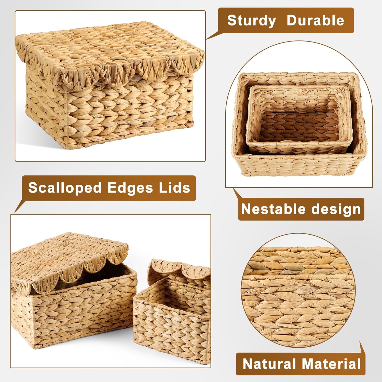 2 Pack Scalloped Wicker Storage Baskets with Lids, Rectangle Rattan Storage Basket, Handwoven Water Hyacinth Decorative Basket for Bedroom Living Room Organization