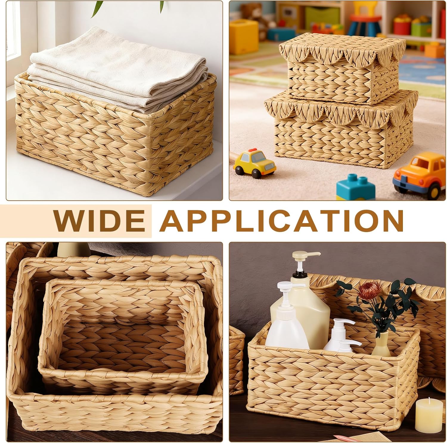 2 Pack Scalloped Wicker Storage Baskets with Lids, Rectangle Rattan Storage Basket, Handwoven Water Hyacinth Decorative Basket for Bedroom Living Room Organization