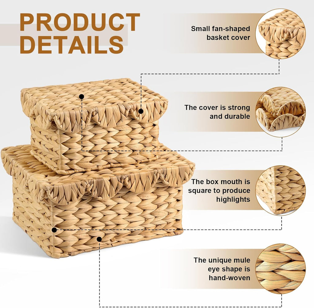 2 Pack Scalloped Wicker Storage Baskets with Lids, Rectangle Rattan Storage Basket, Handwoven Water Hyacinth Decorative Basket for Bedroom Living Room Organization