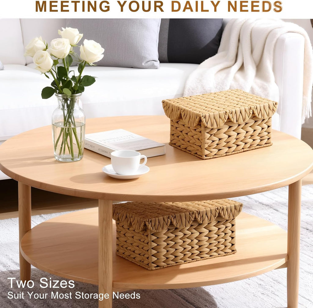 2 Pack Scalloped Wicker Storage Baskets with Lids, Rectangle Rattan Storage Basket, Handwoven Water Hyacinth Decorative Basket for Bedroom Living Room Organization