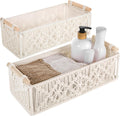2 Pack Macrame Storage Basket, Boho Decor Baskets, Handmade Woven Decorative Countertop Toilet Tank Shelf Cabinet Organizer, Toilet Paper Basket with Wood Handles for Home Organization, Ivory