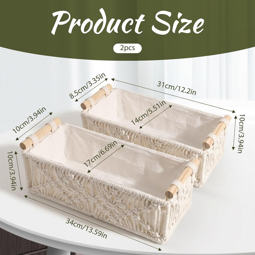 2 Pack Macrame Storage Basket, Boho Decor Baskets, Handmade Woven Decorative Countertop Toilet Tank Shelf Cabinet Organizer, Toilet Paper Basket with Wood Handles for Home Organization, Ivory