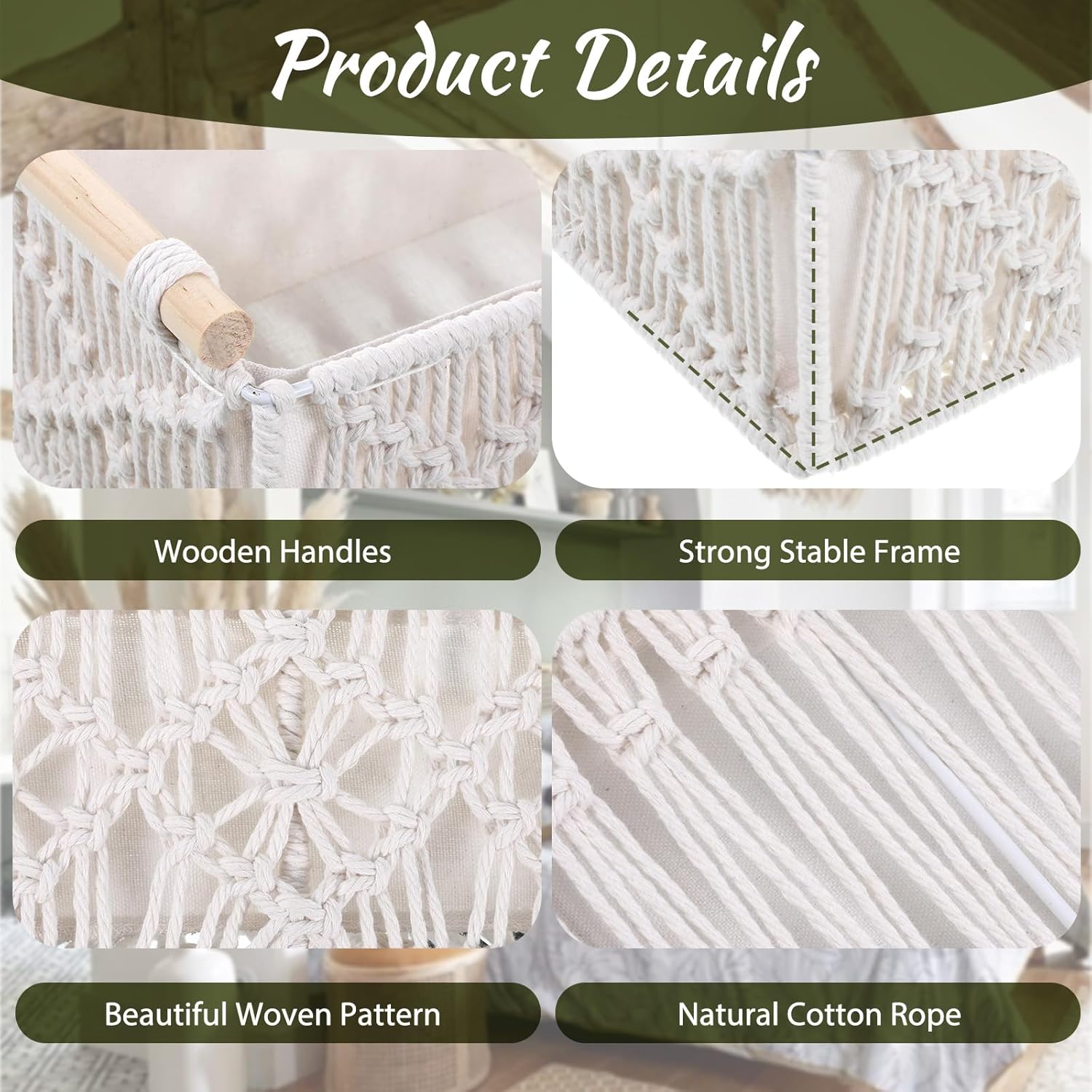 2 Pack Macrame Storage Basket, Boho Decor Baskets, Handmade Woven Decorative Countertop Toilet Tank Shelf Cabinet Organizer, Toilet Paper Basket with Wood Handles for Home Organization, Ivory