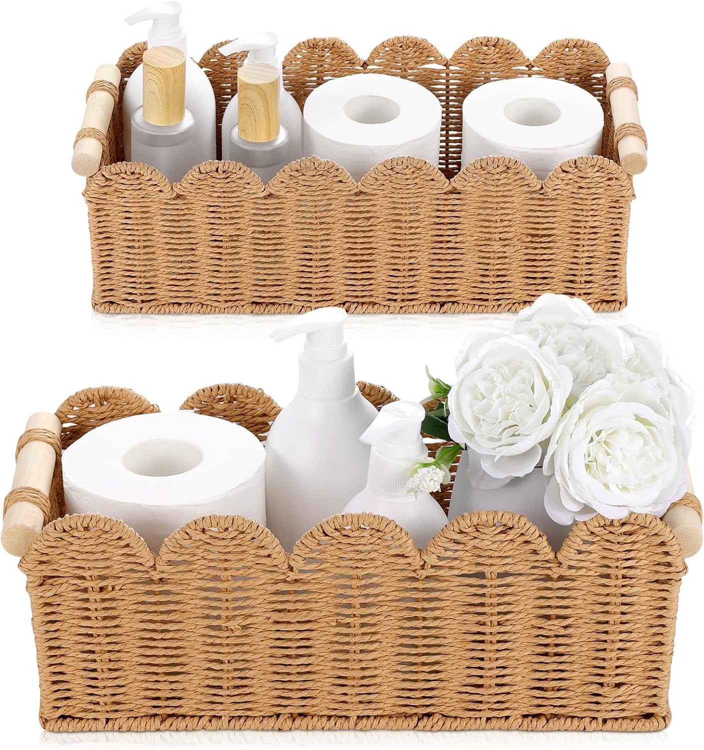 2 Pack Paper Rope Storage Baskets for Toilet Paper, Scalloped Edge Decor Baskets for Bathroom, Hand Woven Organizer Basket with Wooden Handle, Neutral Organizing Basket for Toilet Tank Top Bedroom