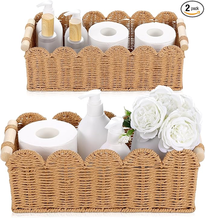 2 Pack Paper Rope Storage Baskets for Toilet Paper, Scalloped Edge Decor Baskets for Bathroom, Hand Woven Organizer Basket with Wooden Handle, Neutral Organizing Basket for Toilet Tank Top Bedroom