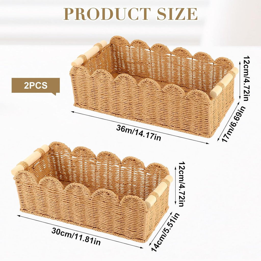 2 Pack Paper Rope Storage Baskets for Toilet Paper, Scalloped Edge Decor Baskets for Bathroom, Hand Woven Organizer Basket with Wooden Handle, Neutral Organizing Basket for Toilet Tank Top Bedroom
