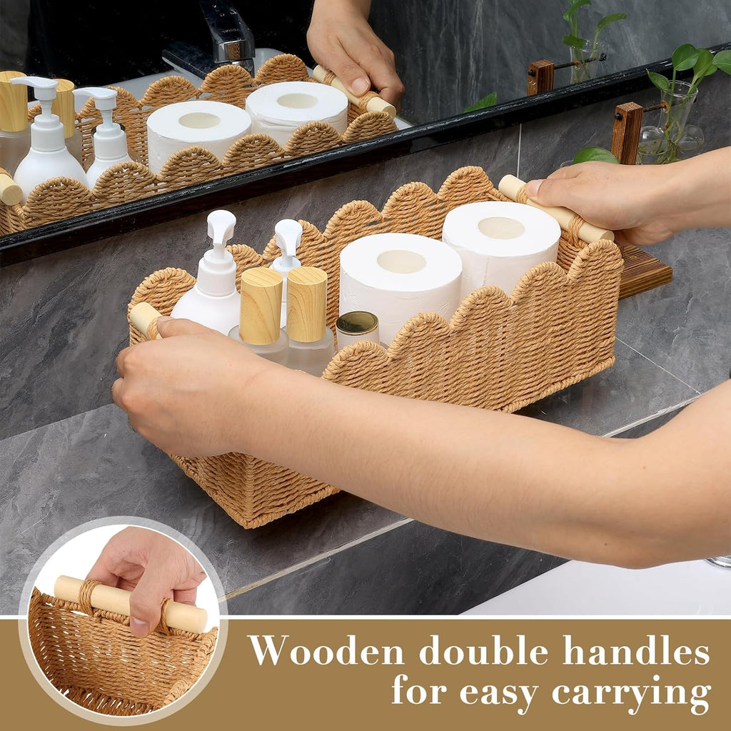 2 Pack Paper Rope Storage Baskets for Toilet Paper, Scalloped Edge Decor Baskets for Bathroom, Hand Woven Organizer Basket with Wooden Handle, Neutral Organizing Basket for Toilet Tank Top Bedroom