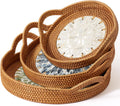 3 Pack Round Rattan Tray, Natural Handwoven Rattan Serving Tray with Mother Pearl Inlay Base, Decorative Boho Coffee Table Trays with Handles, Wicker Organizer for Snacks, Jewelry, Candles, Vanity