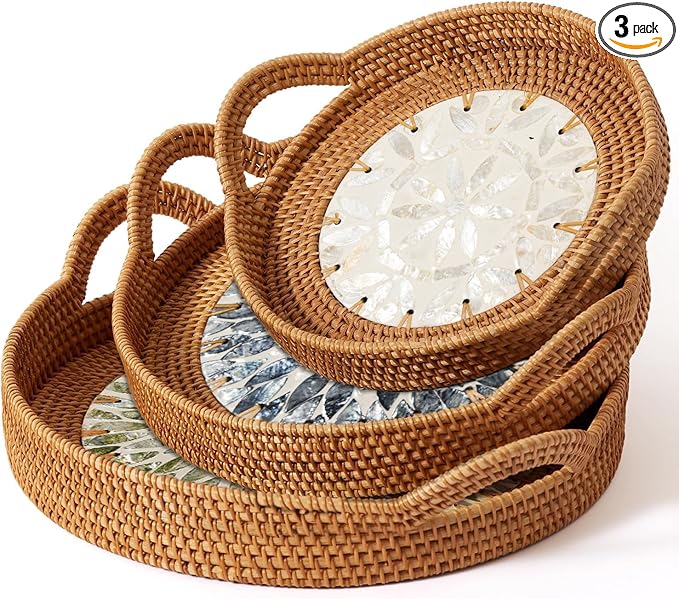 3 Pack Round Rattan Tray, Natural Handwoven Rattan Serving Tray with Mother Pearl Inlay Base, Decorative Boho Coffee Table Trays with Handles, Wicker Organizer for Snacks, Jewelry, Candles, Vanity