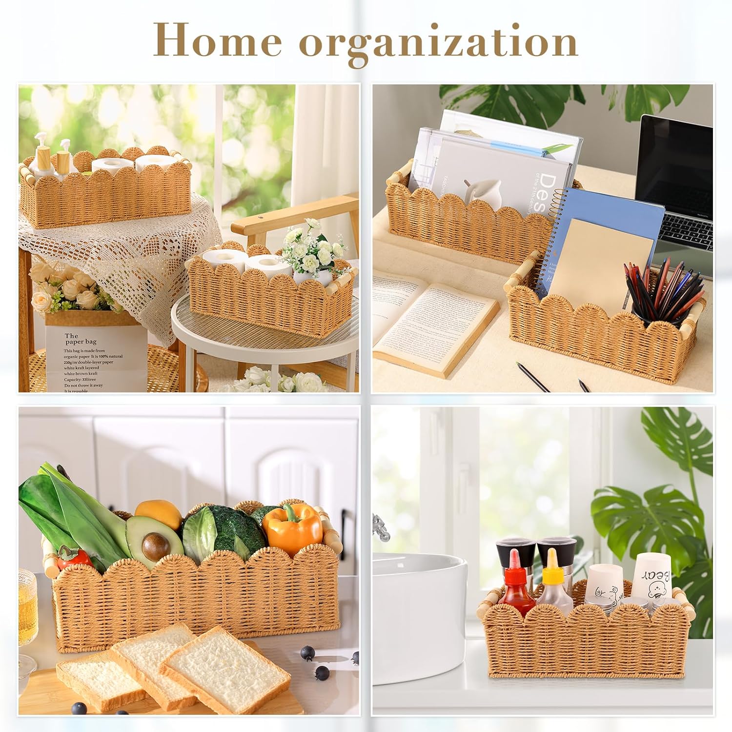 2 Pack Paper Rope Storage Baskets for Toilet Paper, Scalloped Edge Decor Baskets for Bathroom, Hand Woven Organizer Basket with Wooden Handle, Neutral Organizing Basket for Toilet Tank Top Bedroom