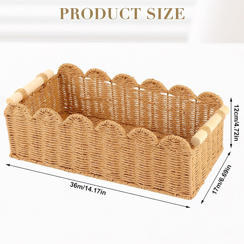 2 Pack Paper Rope Storage Baskets for Toilet Paper, Scalloped Edge Decor Baskets for Bathroom, Hand Woven Organizer Basket with Wooden Handle, Neutral Organizing Basket for Toilet Tank Top Bedroom