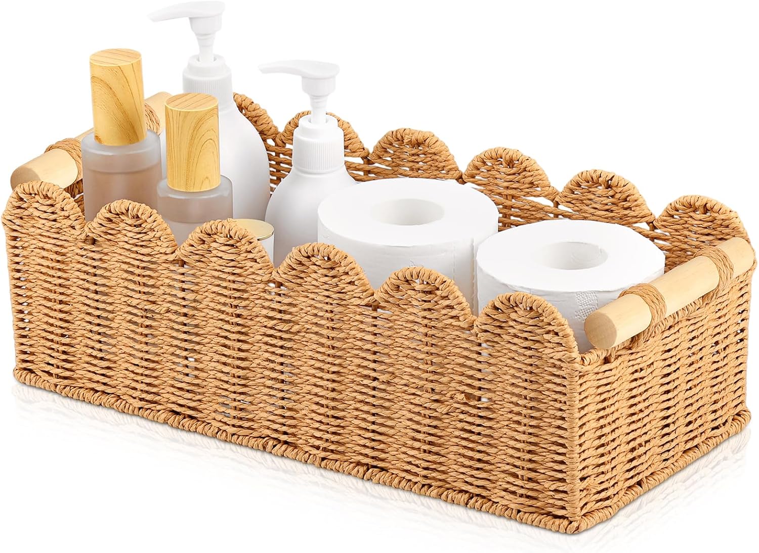 2 Pack Paper Rope Storage Baskets for Toilet Paper, Scalloped Edge Decor Baskets for Bathroom, Hand Woven Organizer Basket with Wooden Handle, Neutral Organizing Basket for Toilet Tank Top Bedroom