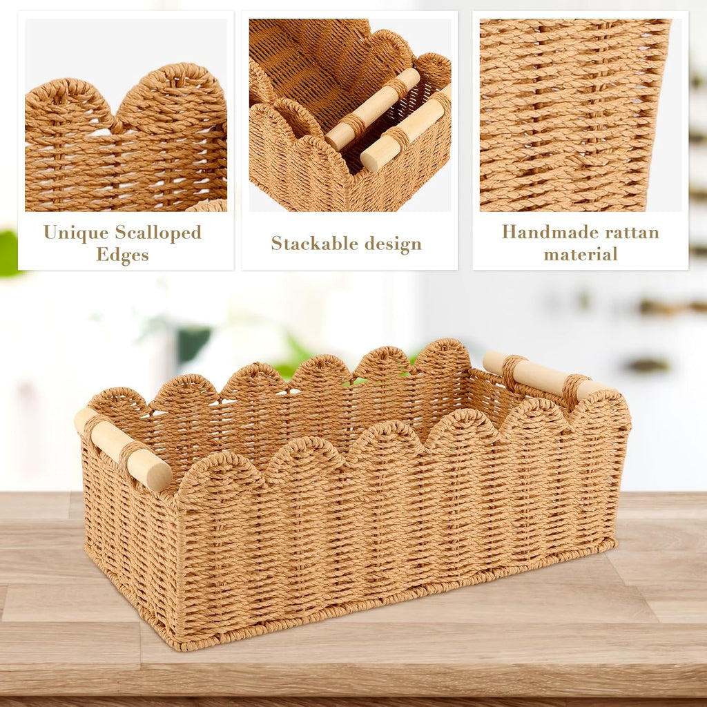 2 Pack Paper Rope Storage Baskets for Toilet Paper, Scalloped Edge Decor Baskets for Bathroom, Hand Woven Organizer Basket with Wooden Handle, Neutral Organizing Basket for Toilet Tank Top Bedroom
