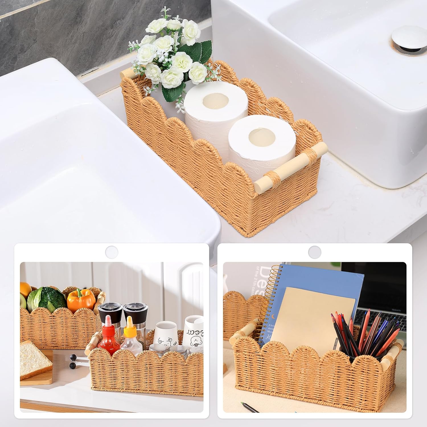 2 Pack Paper Rope Storage Baskets for Toilet Paper, Scalloped Edge Decor Baskets for Bathroom, Hand Woven Organizer Basket with Wooden Handle, Neutral Organizing Basket for Toilet Tank Top Bedroom