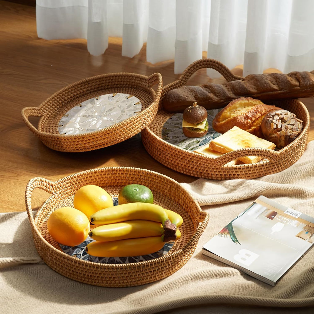 3 Pack Round Rattan Tray, Natural Handwoven Rattan Serving Tray with Mother Pearl Inlay Base, Decorative Boho Coffee Table Trays with Handles, Wicker Organizer for Snacks, Jewelry, Candles, Vanity