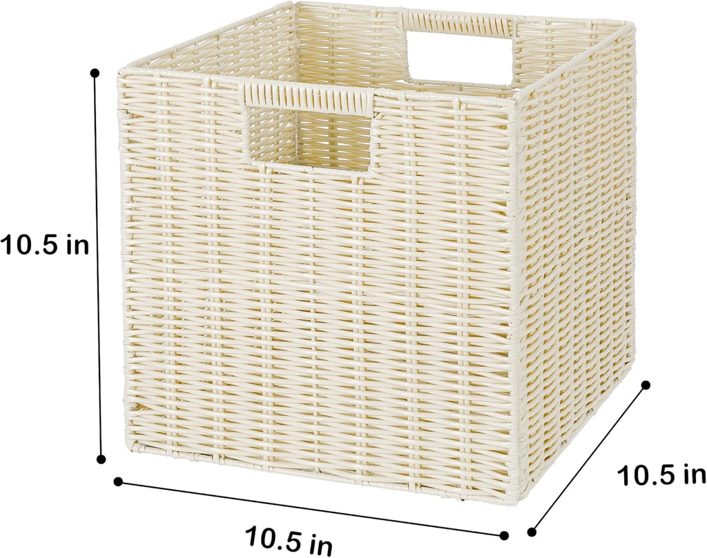 10.5 x 10.5 in Plastic Wicker Baskets for Cube Storage, Collapsible Square Wicker Storage Basket Set of 3, Rattan Storage Cube, Square Baskets for Shelves - Beige
