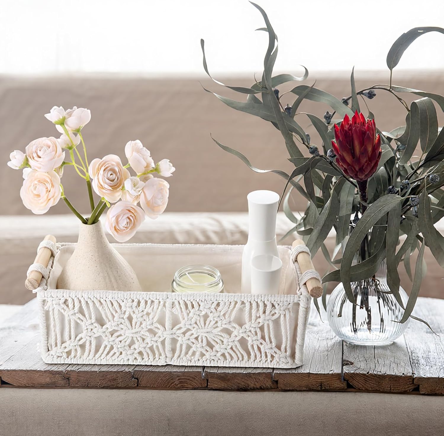 2 Pack Macrame Storage Basket, Boho Decor Baskets, Handmade Woven Decorative Countertop Toilet Tank Shelf Cabinet Organizer, Toilet Paper Basket with Wood Handles for Home Organization, Ivory