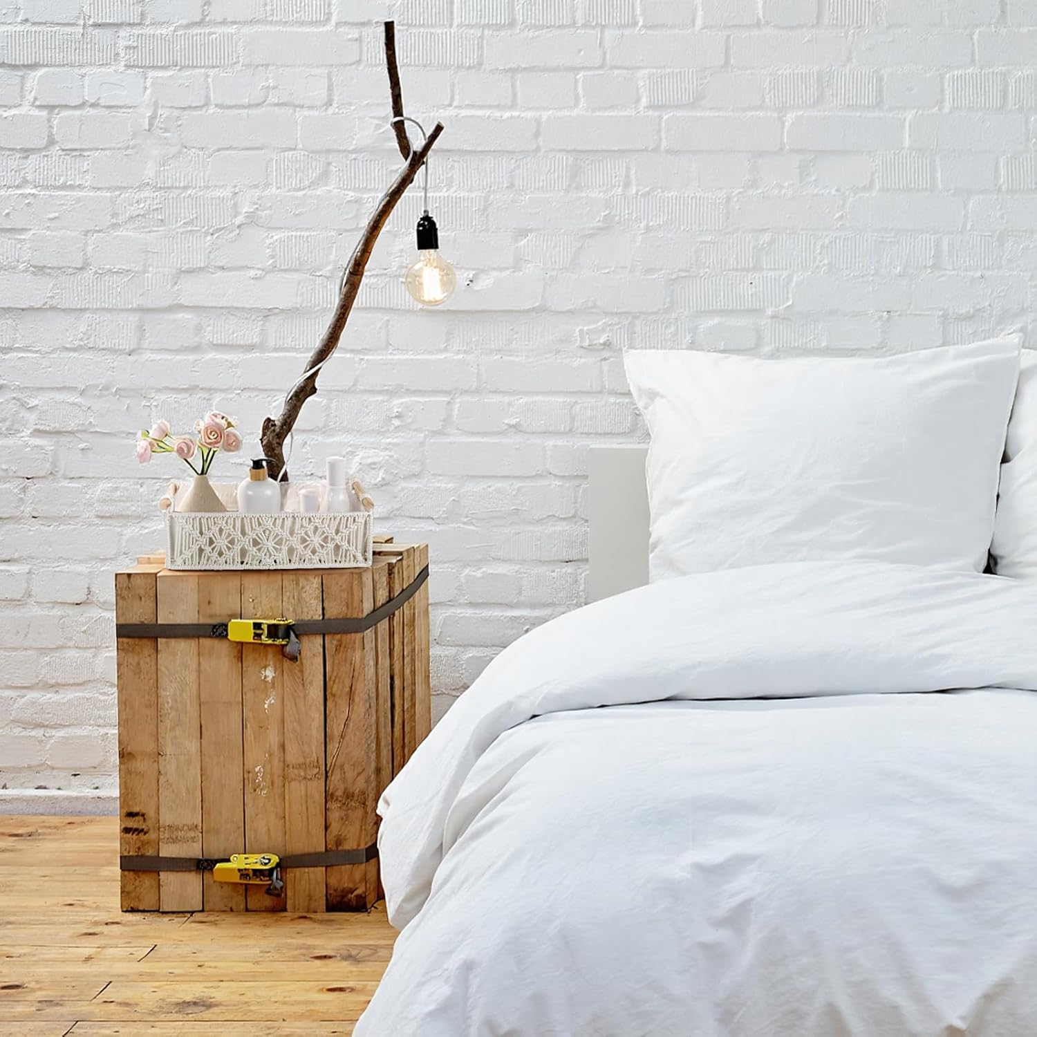 2 Pack Macrame Storage Basket, Boho Decor Baskets, Handmade Woven Decorative Countertop Toilet Tank Shelf Cabinet Organizer, Toilet Paper Basket with Wood Handles for Home Organization, Ivory