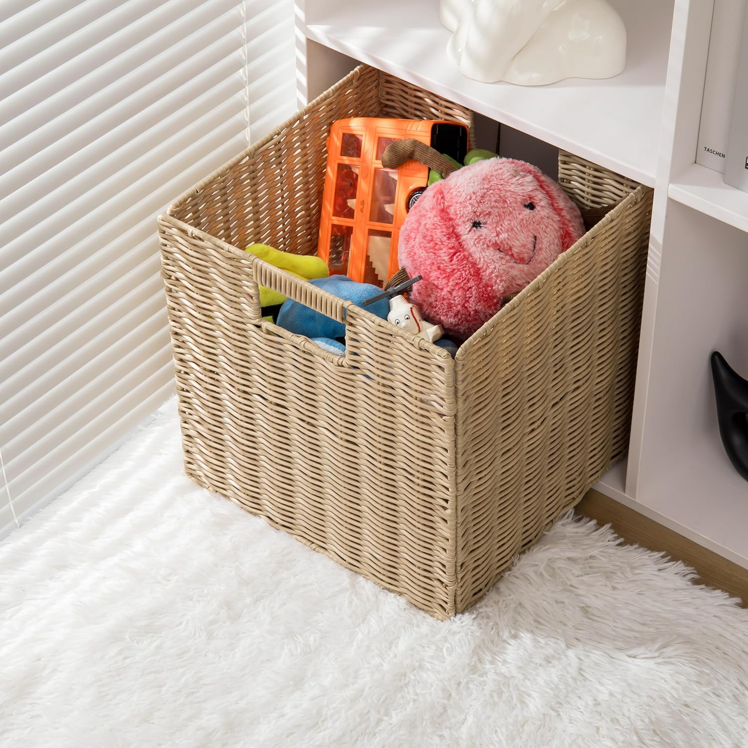 10.5 x 10.5 in Plastic Wicker Baskets for Cube Storage, Collapsible Square Wicker Storage Basket Set of 3, Rattan Storage Cube, Square Baskets for Shelves - Beige