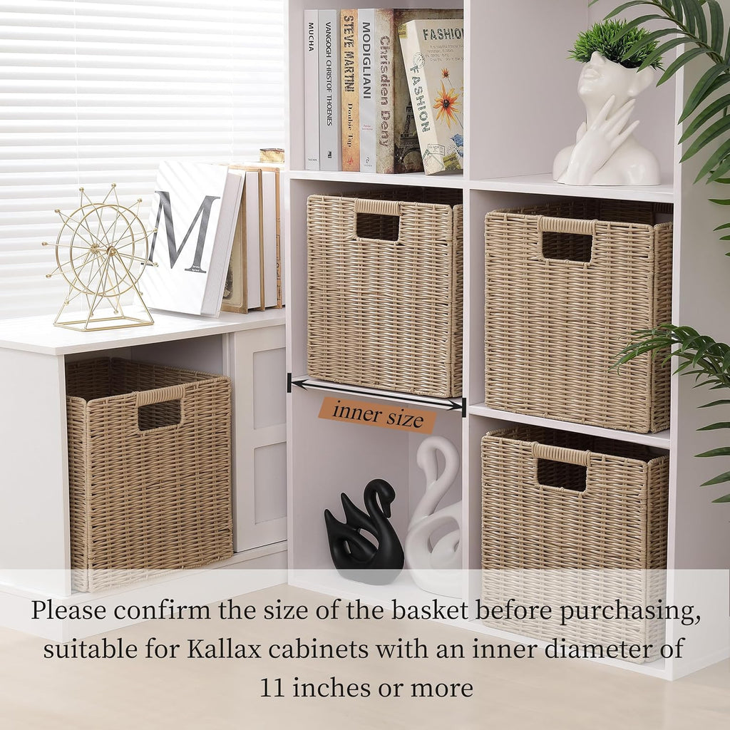 10.5 x 10.5 in Plastic Wicker Baskets for Cube Storage, Collapsible Square Wicker Storage Basket Set of 3, Rattan Storage Cube, Square Baskets for Shelves - Beige