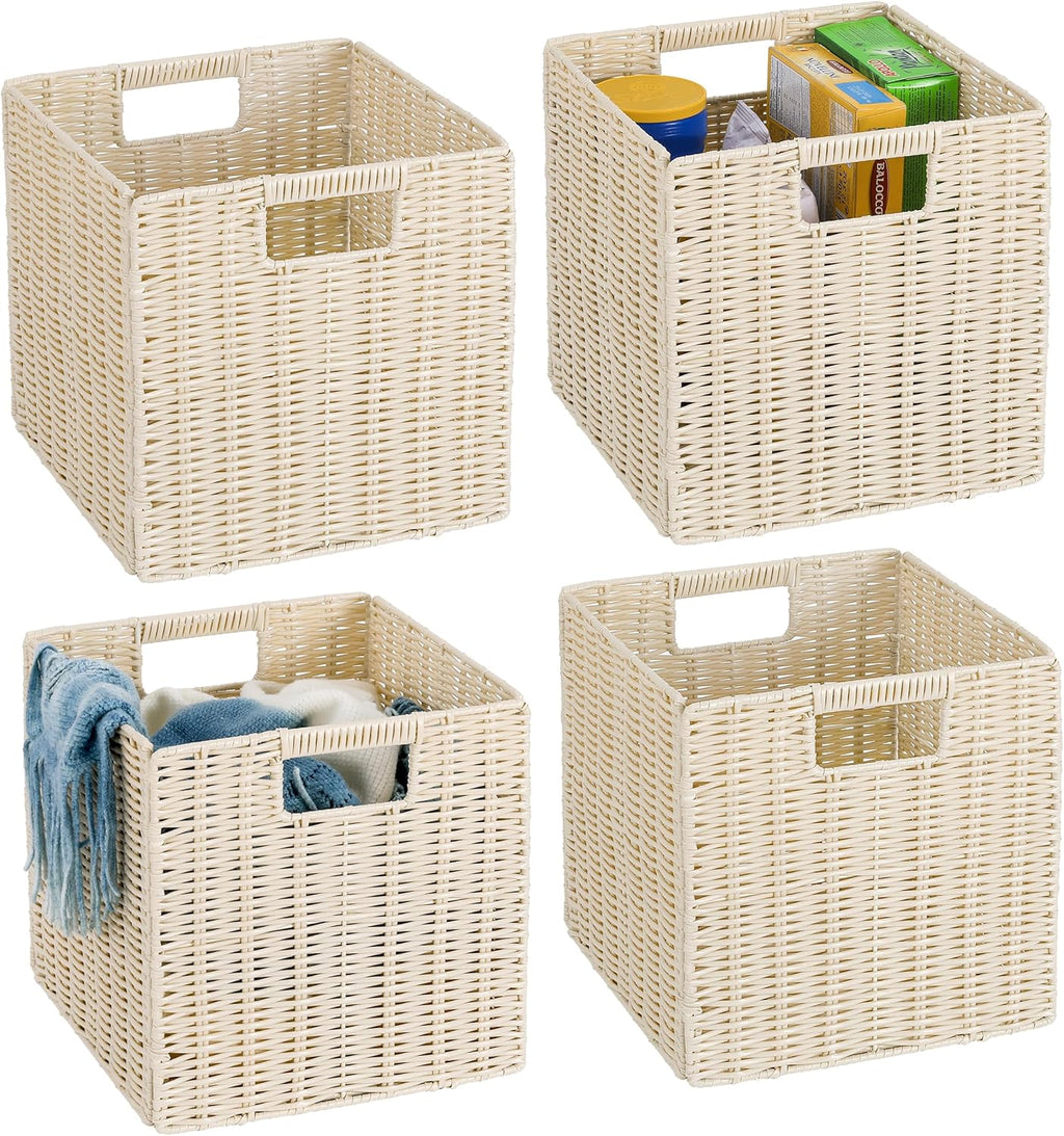 10.5 x 10.5 in Plastic Wicker Baskets for Cube Storage, Collapsible Square Wicker Storage Basket Set of 3, Rattan Storage Cube, Square Baskets for Shelves - Beige
