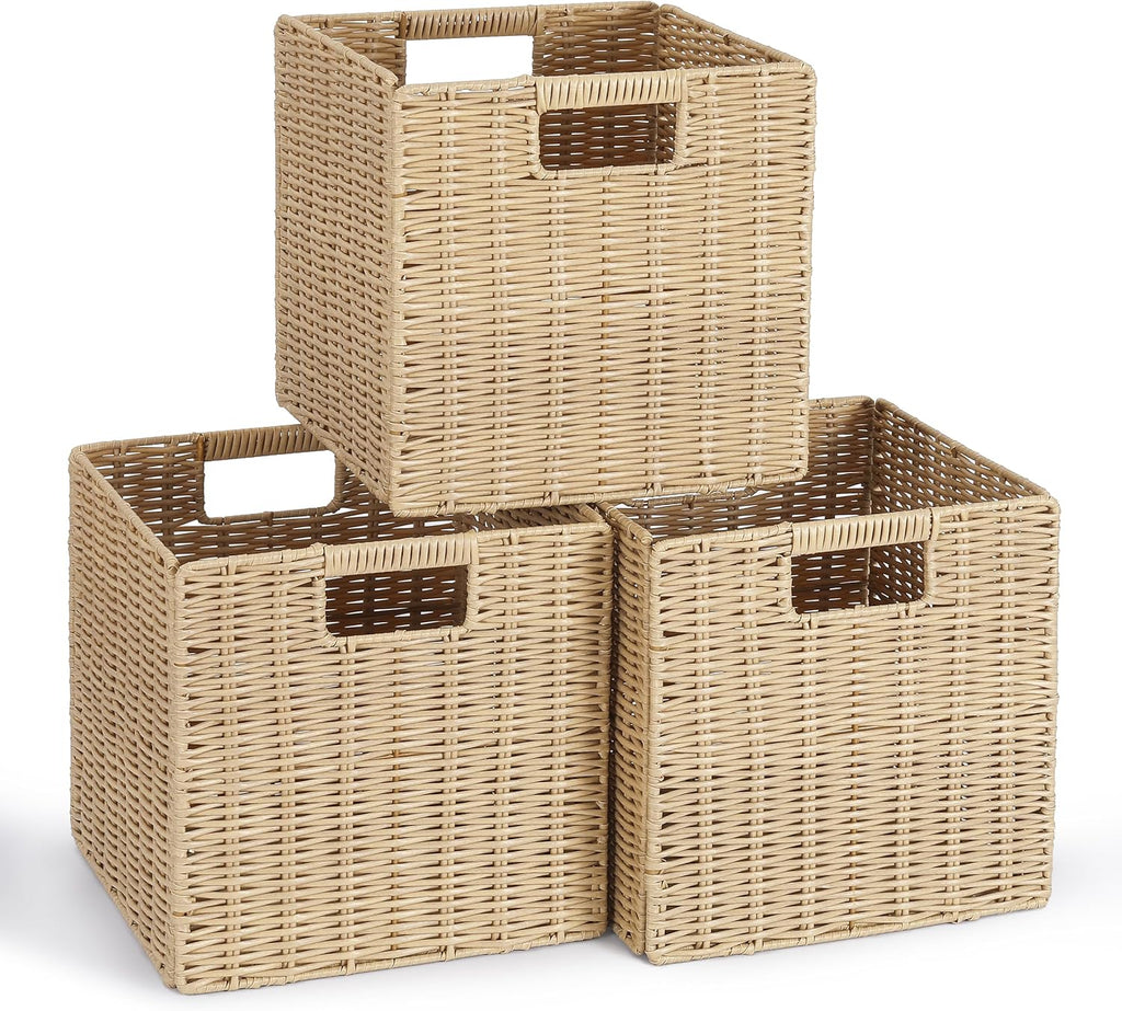 10.5 x 10.5 in Plastic Wicker Baskets for Cube Storage, Collapsible Square Wicker Storage Basket Set of 3, Rattan Storage Cube, Square Baskets for Shelves - Beige