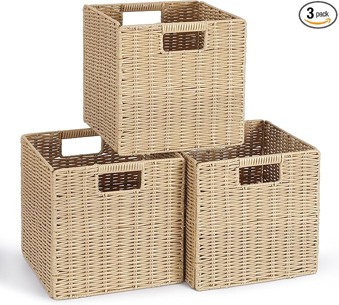 10.5 x 10.5 in Plastic Wicker Baskets for Cube Storage, Collapsible Square Wicker Storage Basket Set of 3, Rattan Storage Cube, Square Baskets for Shelves - Beige