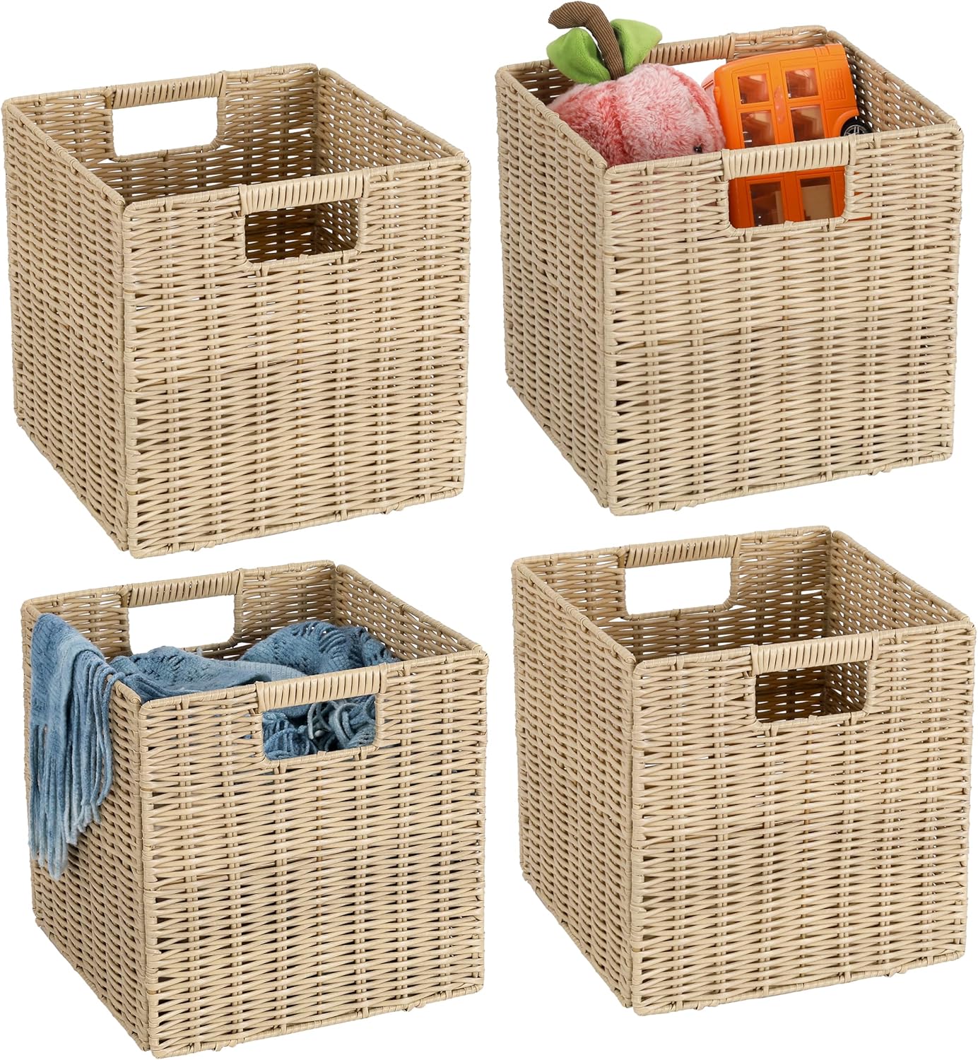 10.5 x 10.5 in Plastic Wicker Baskets for Cube Storage, Collapsible Square Wicker Storage Basket Set of 3, Rattan Storage Cube, Square Baskets for Shelves - Beige