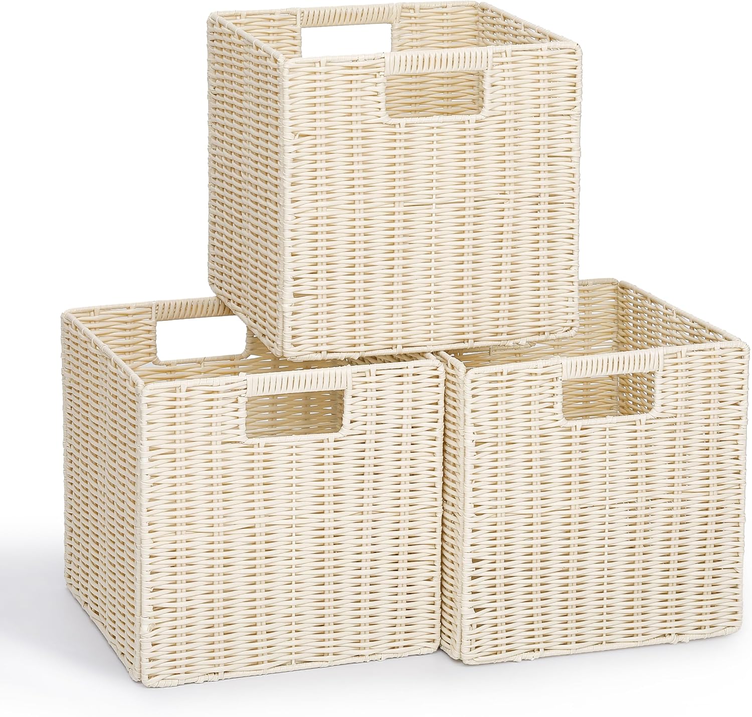 10.5 x 10.5 in Plastic Wicker Baskets for Cube Storage, Collapsible Square Wicker Storage Basket Set of 3, Rattan Storage Cube, Square Baskets for Shelves - Beige