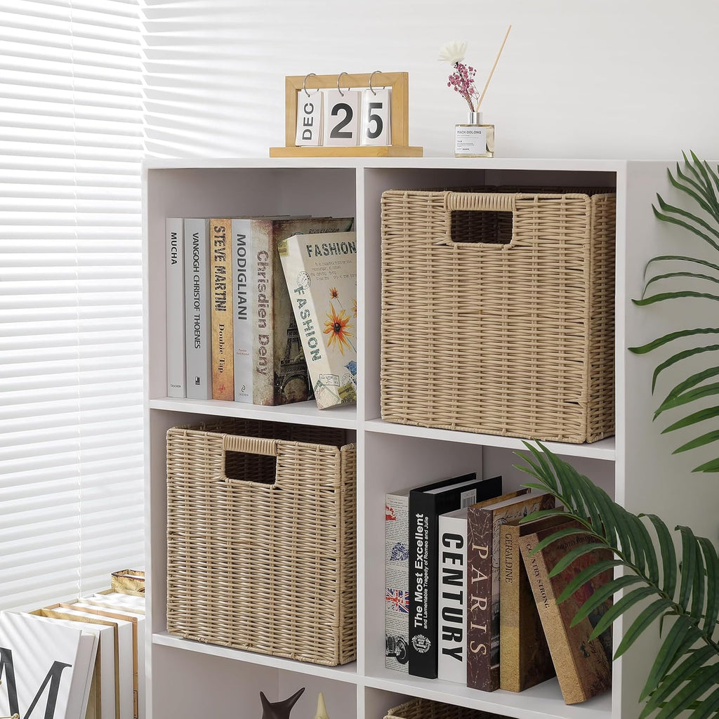 10.5 x 10.5 in Plastic Wicker Baskets for Cube Storage, Collapsible Square Wicker Storage Basket Set of 3, Rattan Storage Cube, Square Baskets for Shelves - Beige