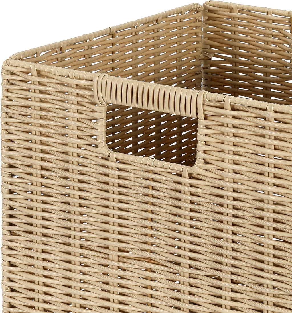 10.5 x 10.5 in Plastic Wicker Baskets for Cube Storage, Collapsible Square Wicker Storage Basket Set of 3, Rattan Storage Cube, Square Baskets for Shelves - Beige