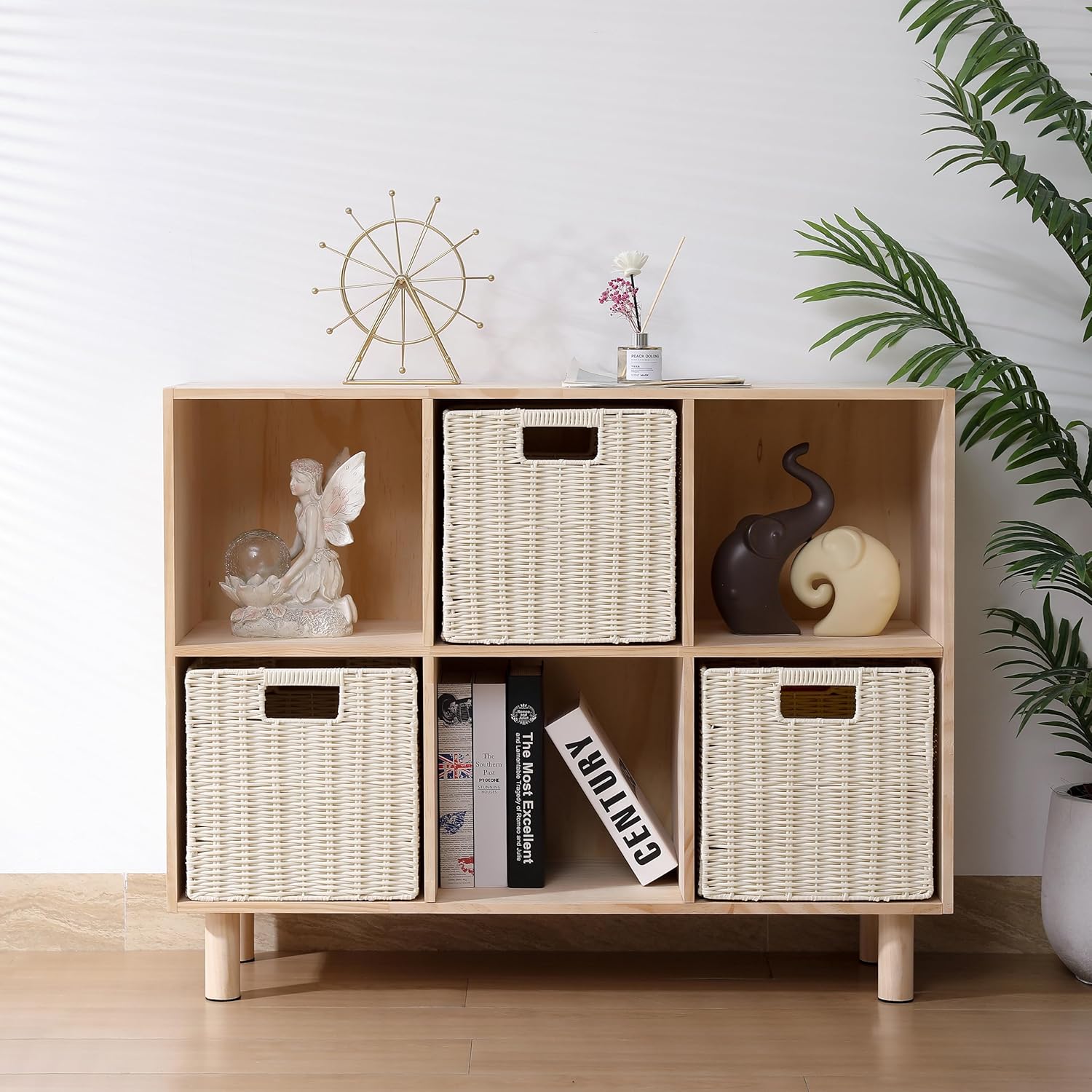 10.5 x 10.5 in Plastic Wicker Baskets for Cube Storage, Collapsible Square Wicker Storage Basket Set of 3, Rattan Storage Cube, Square Baskets for Shelves - Beige