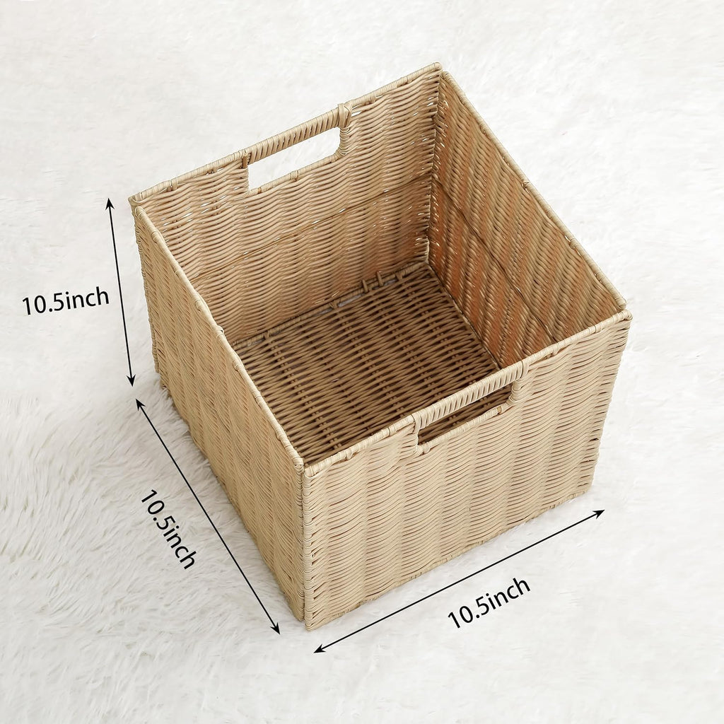 10.5 x 10.5 in Plastic Wicker Baskets for Cube Storage, Collapsible Square Wicker Storage Basket Set of 3, Rattan Storage Cube, Square Baskets for Shelves - Beige