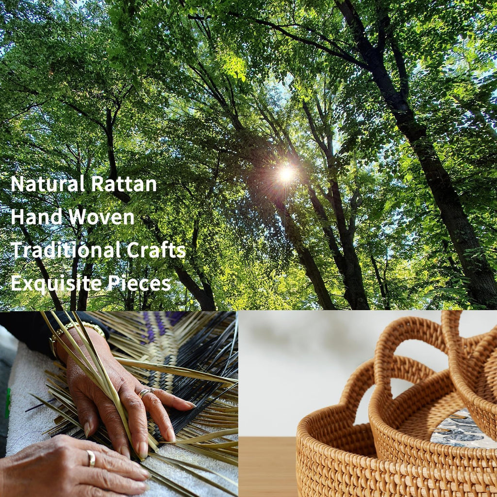 3 Pack Round Rattan Tray, Natural Handwoven Rattan Serving Tray with Mother Pearl Inlay Base, Decorative Boho Coffee Table Trays with Handles, Wicker Organizer for Snacks, Jewelry, Candles, Vanity