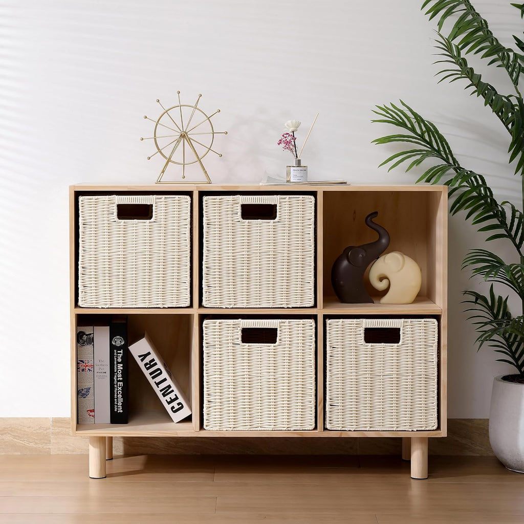 10.5 x 10.5 in Plastic Wicker Baskets for Cube Storage, Collapsible Square Wicker Storage Basket Set of 3, Rattan Storage Cube, Square Baskets for Shelves - Beige