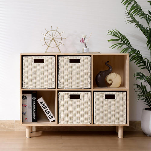 10.5 x 10.5 in Plastic Wicker Baskets for Cube Storage, Collapsible Square Wicker Storage Basket Set of 3, Rattan Storage Cube, Square Baskets for Shelves - Beige