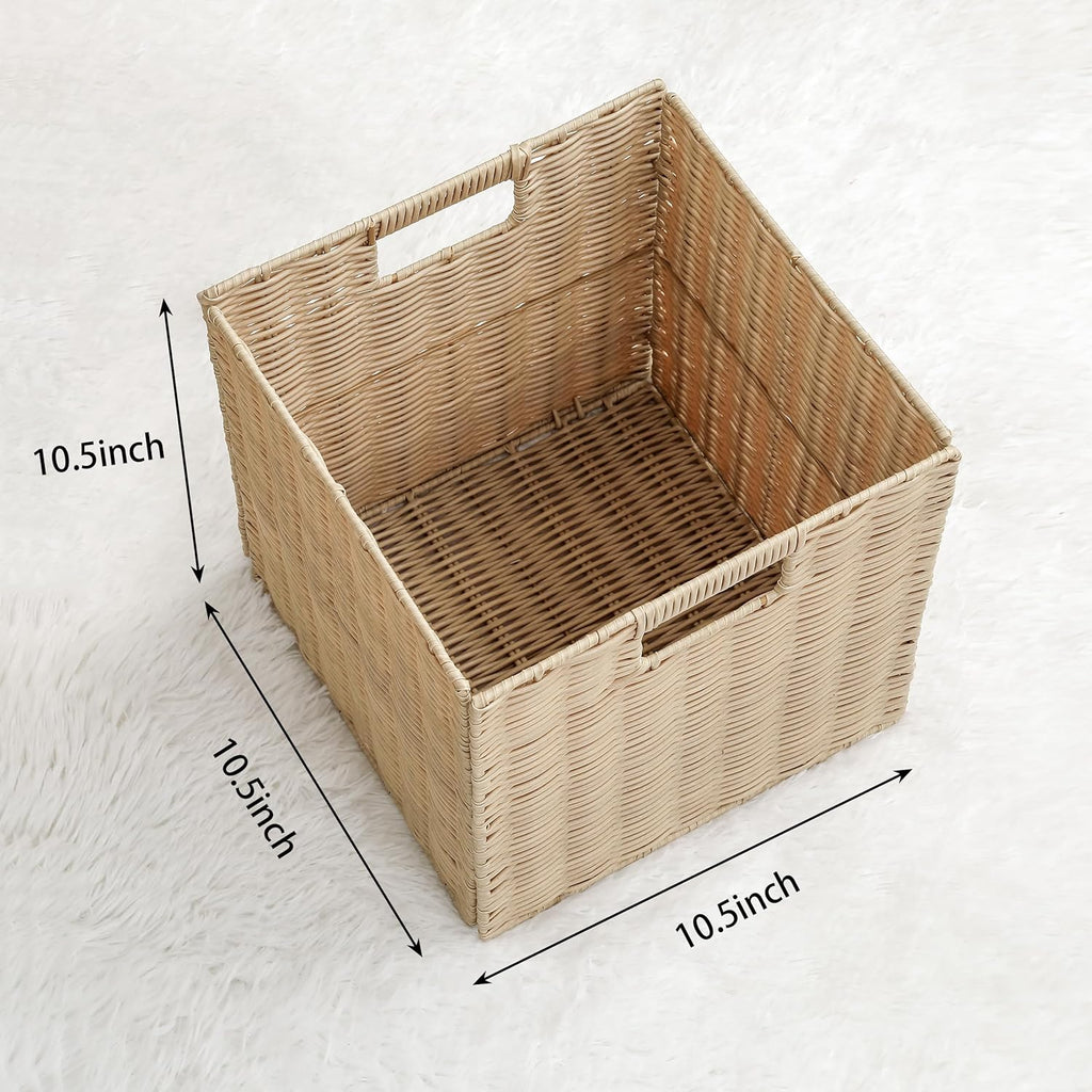 10.5 x 10.5 in Plastic Wicker Baskets for Cube Storage, Collapsible Square Wicker Storage Basket Set of 3, Rattan Storage Cube, Square Baskets for Shelves - Beige