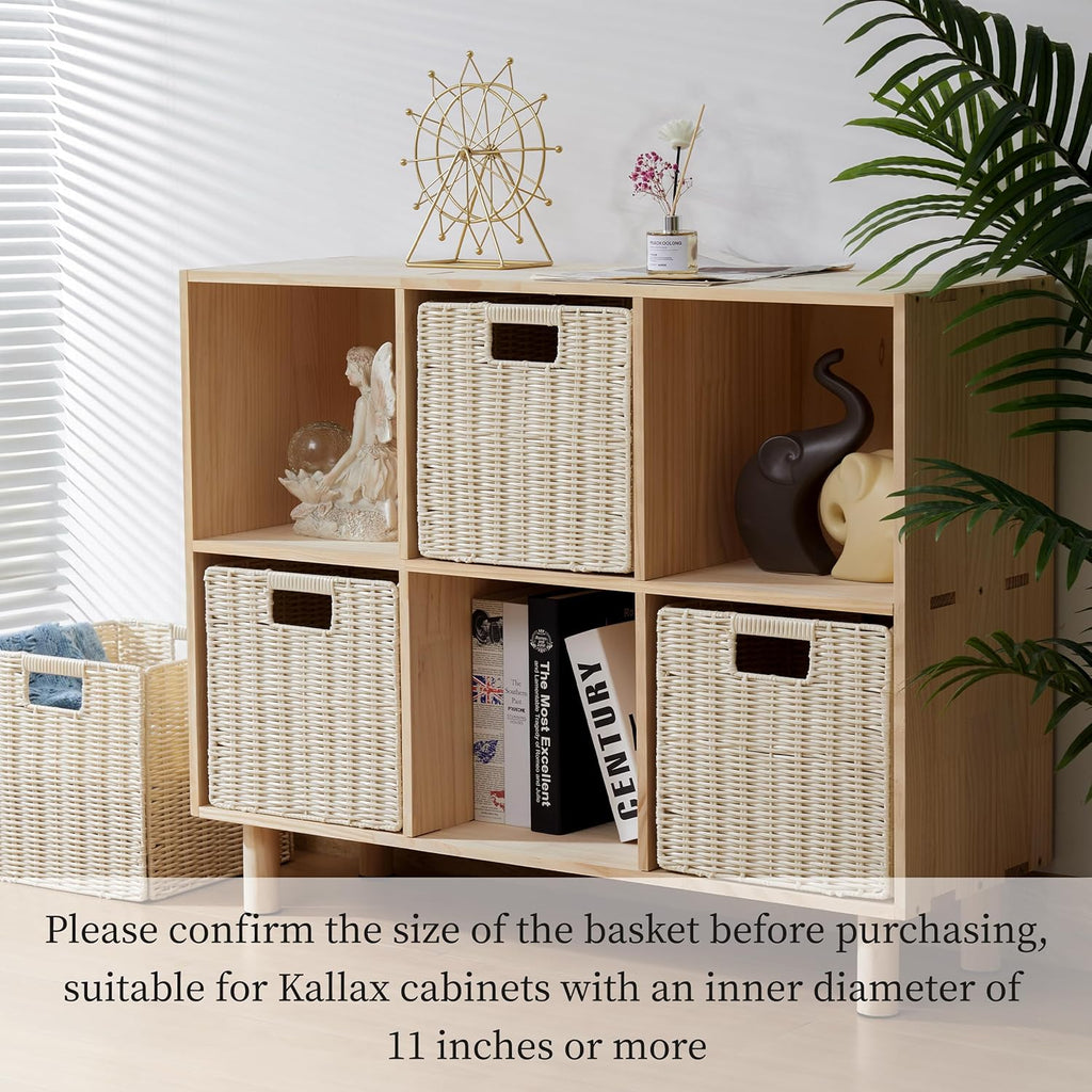 10.5 x 10.5 in Plastic Wicker Baskets for Cube Storage, Collapsible Square Wicker Storage Basket Set of 3, Rattan Storage Cube, Square Baskets for Shelves - Beige