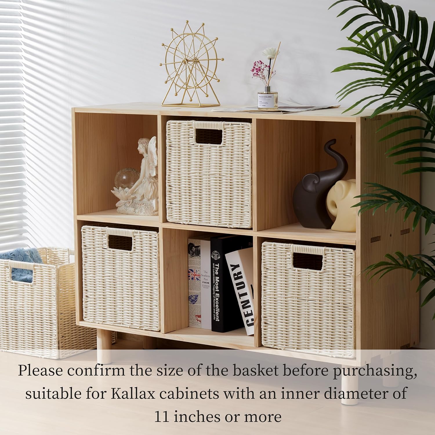 10.5 x 10.5 in Plastic Wicker Baskets for Cube Storage, Collapsible Square Wicker Storage Basket Set of 3, Rattan Storage Cube, Square Baskets for Shelves - Beige