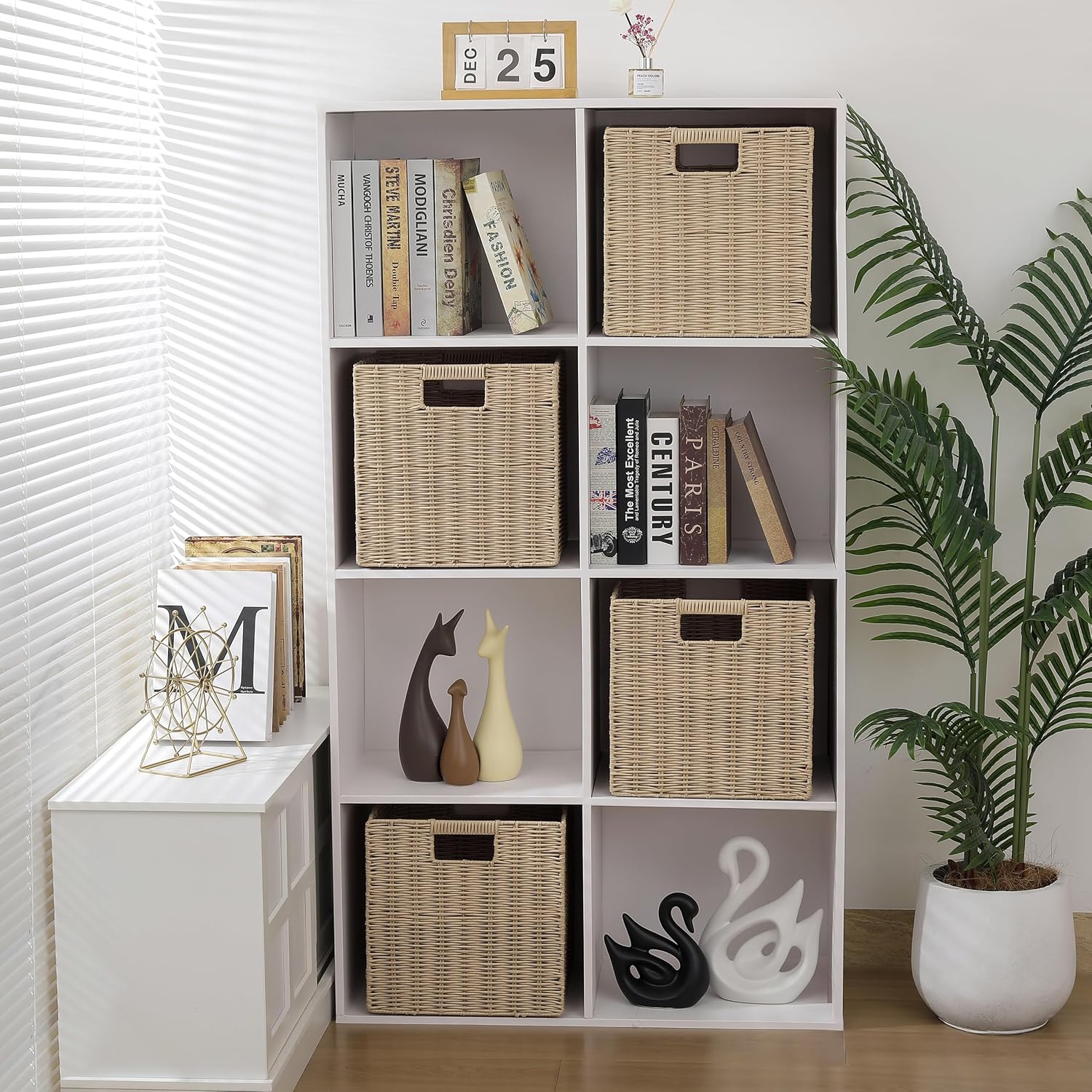 10.5 x 10.5 in Plastic Wicker Baskets for Cube Storage, Collapsible Square Wicker Storage Basket Set of 3, Rattan Storage Cube, Square Baskets for Shelves - Beige